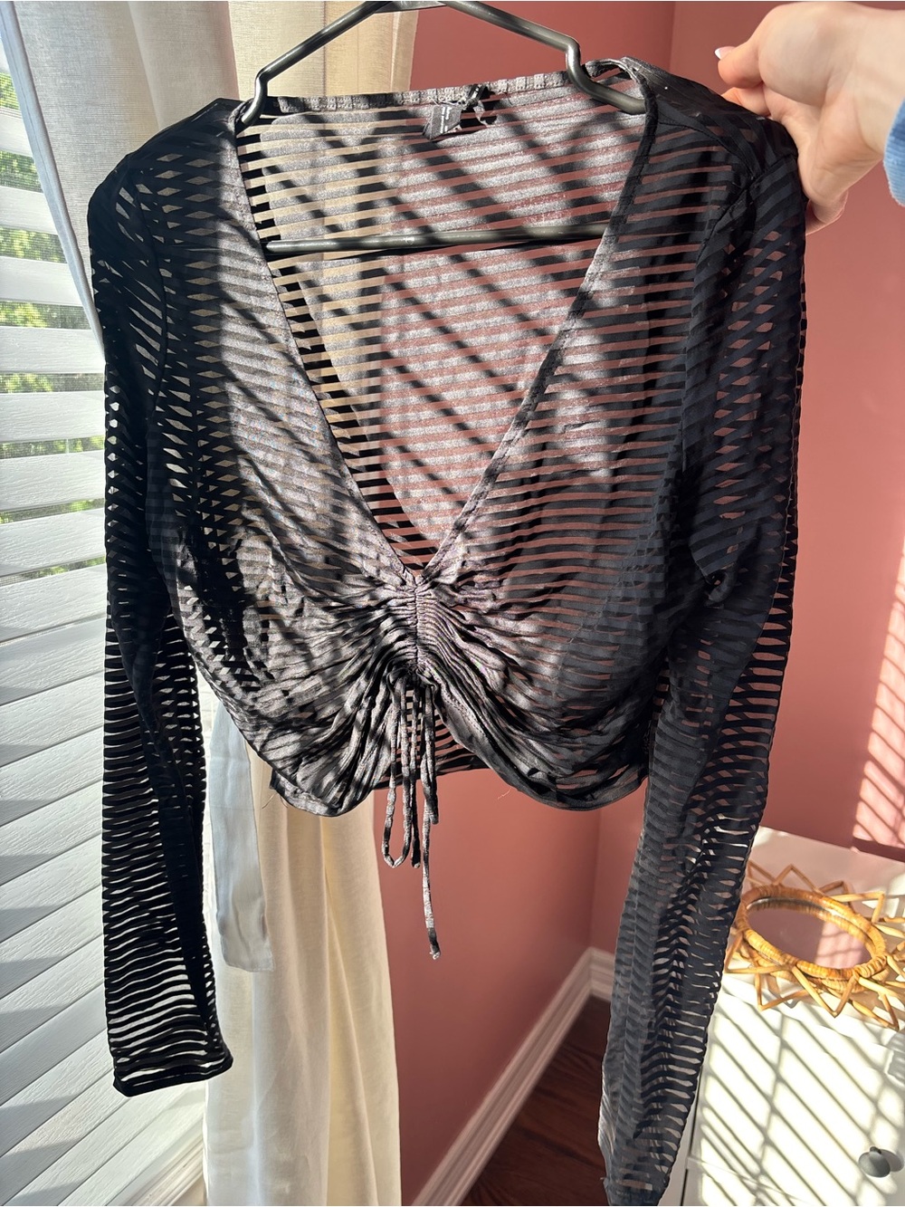 Urban Outfitters Black Sheer Ruched Long-Sleeve top